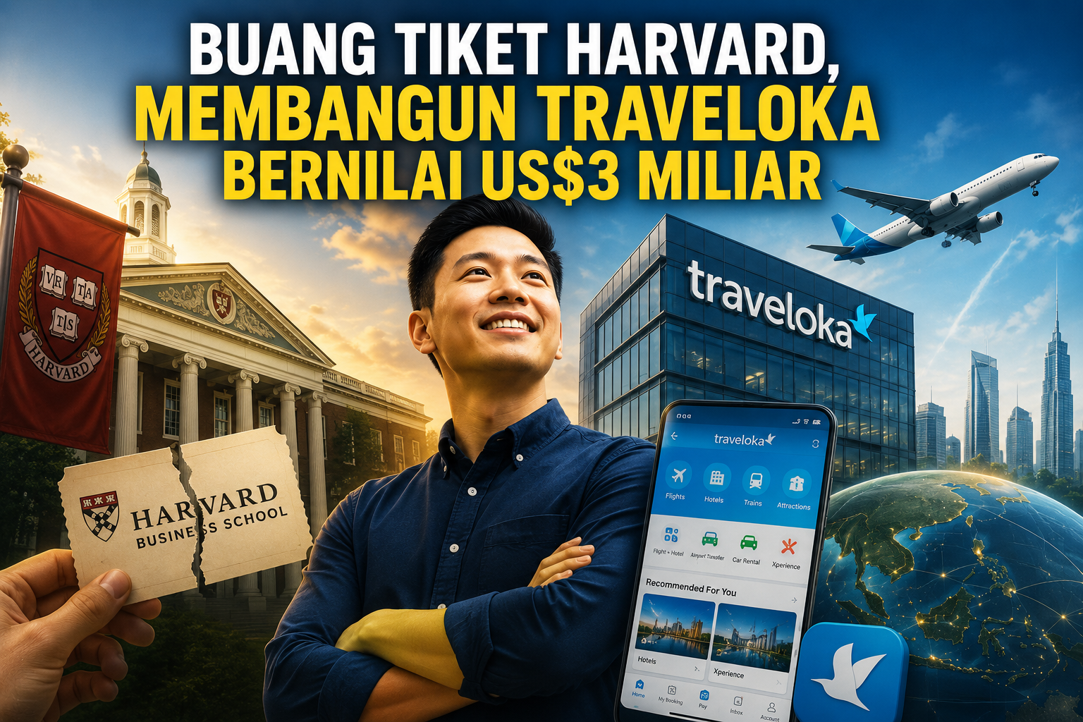 Visual menampilkan perjalanan inspiratif Ferry Unardi, pendiri Traveloka, yang memilih meninggalkan Harvard Business School demi membangun startup teknologi di Indonesia. Ilustrasi memadukan gedung Harvard, aplikasi Traveloka, pesawat, kota modern, dan simbol pertumbuhan bisnis sebagai representasi transformasi dari seorang mahasiswa menjadi founder salah satu unicorn terbesar di Asia Tenggara. Visual ini melambangkan keberanian mengambil risiko, memahami kebutuhan pelanggan, melakukan inovasi, dan membangun perusahaan yang berawal dari sebuah masalah sederhana hingga melayani jutaan pengguna di berbagai negara.
