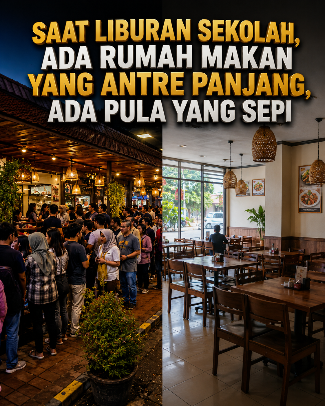 Cover artikel menampilkan ilustrasi yang terbagi menjadi dua bagian. Di sisi kiri terlihat sebuah rumah makan yang dipenuhi pelanggan dengan antrean panjang, suasana ramai, serta aktivitas operasional yang sibuk. Di sisi kanan terlihat rumah makan lain dengan suasana tenang, banyak meja kosong, dan jumlah pelanggan yang jauh lebih sedikit. Di bagian atas terdapat judul besar "Saat Liburan Sekolah, Ada Rumah Makan yang Antre Panjang, Ada Pula yang Sepi." Visual ini merepresentasikan fenomena yang sering terjadi selama musim liburan sekolah, ketika perpindahan aktivitas masyarakat menyebabkan sebagian bisnis mengalami lonjakan omzet, sementara sebagian lainnya mengalami penurunan pelanggan. Artikel membahas bahwa perbedaan tersebut bukan semata-mata disebabkan oleh jenis usaha, melainkan oleh lokasi, target pasar, perpindahan konsumen, serta kesiapan sistem operasional dan manajemen bisnis dalam menghadapi perubahan siklus permintaan.