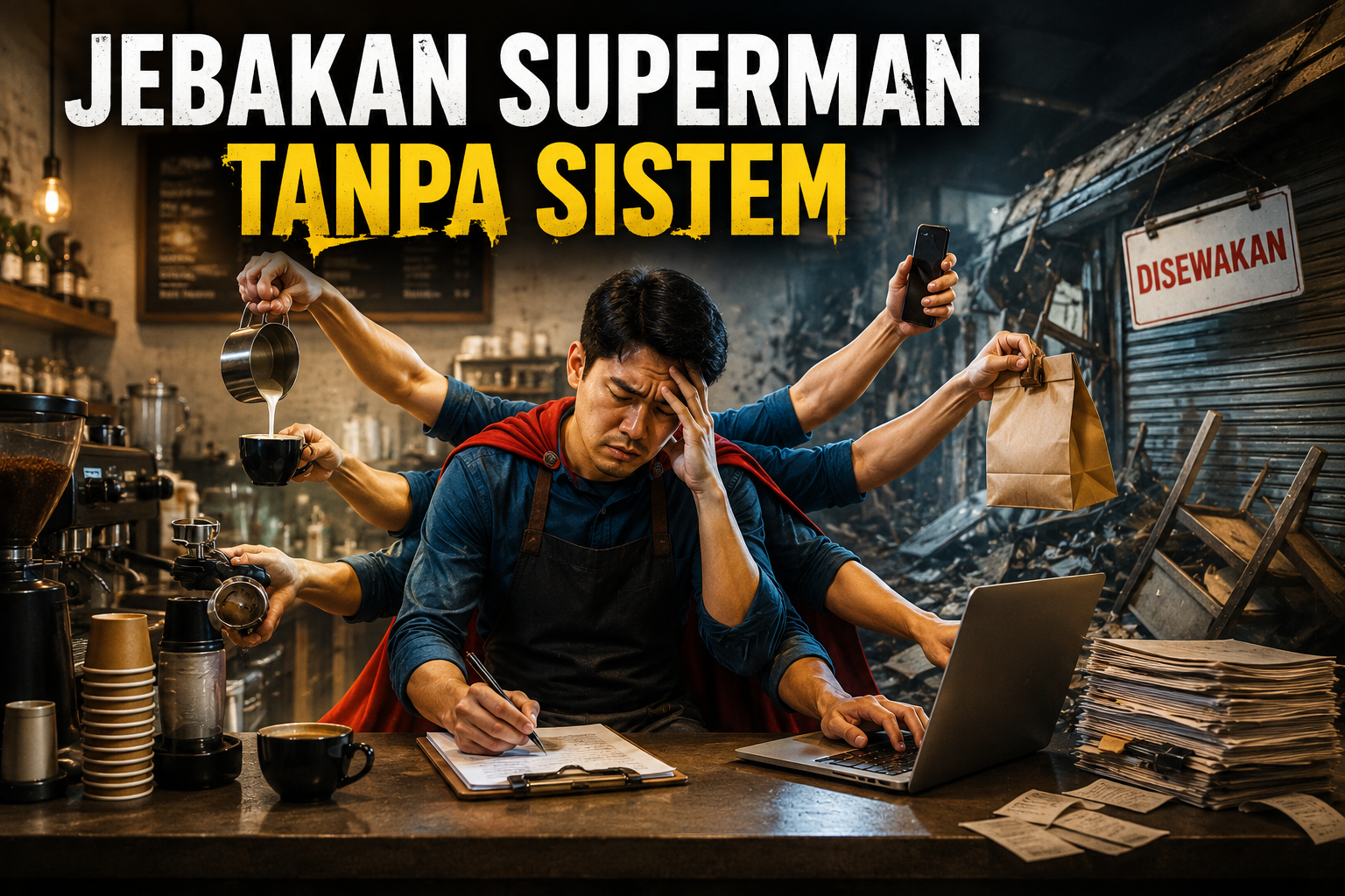 Poster bisnis bertema kepemimpinan dan sistem operasional yang menampilkan seorang pemilik coffee shop dengan banyak tangan, menggambarkan dirinya harus menjalankan berbagai peran sekaligus sebagai barista, kasir, administrator, pembelian, hingga operasional. Di belakangnya terlihat suasana kedai yang mulai mengalami kemunduran dengan simbol papan "Disewakan", menggambarkan bagaimana bisnis yang bergantung pada satu orang akan sulit bertahan tanpa sistem, SOP, pembagian tugas, dan tim yang kuat. Visual ini menjadi metafora penting tentang bahaya owner-centric business dan pentingnya membangun sistem bisnis yang sehat.