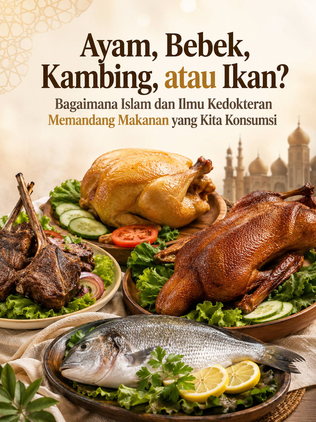 Cover artikel menampilkan hidangan ayam panggang utuh, bebek panggang, daging kambing, dan ikan segar yang disusun di atas meja makan bernuansa hangat dengan latar belakang arsitektur bergaya Islami. Visual ini melambangkan perpaduan antara nilai-nilai Islam dan ilmu kedokteran modern dalam memandang makanan yang dikonsumsi sehari-hari. Artikel membahas berbagai jenis daging yang umum dikonsumsi masyarakat, mulai dari ayam, bebek, kambing, sapi, hingga ikan, disertai penjelasan mengenai status halal, pandangan pengobatan Islam klasik, kandungan gizi menurut ilmu kedokteran modern, manfaat kesehatan, serta prinsip makan yang seimbang sesuai ajaran Islam. Tujuannya adalah memberikan edukasi agar masyarakat lebih bijak memilih makanan yang tidak hanya lezat, tetapi juga halal, bergizi, dan baik bagi kesehatan.