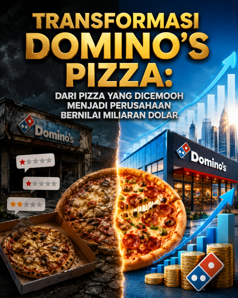 Ilustrasi transformasi Domino's Pizza yang menampilkan kontras antara masa sulit dan masa kebangkitan perusahaan. Sisi kiri menggambarkan toko yang tampak usang dengan pizza yang kurang menarik dan ulasan pelanggan yang buruk, sementara sisi kanan menampilkan gerai modern, pizza berkualitas, serta grafik pertumbuhan yang melambangkan peningkatan nilai perusahaan. Visual ini menggambarkan bagaimana kejujuran terhadap kritik pelanggan, perbaikan sistem operasional, dan inovasi mampu mengubah perusahaan menjadi salah satu kisah transformasi bisnis paling sukses di dunia.