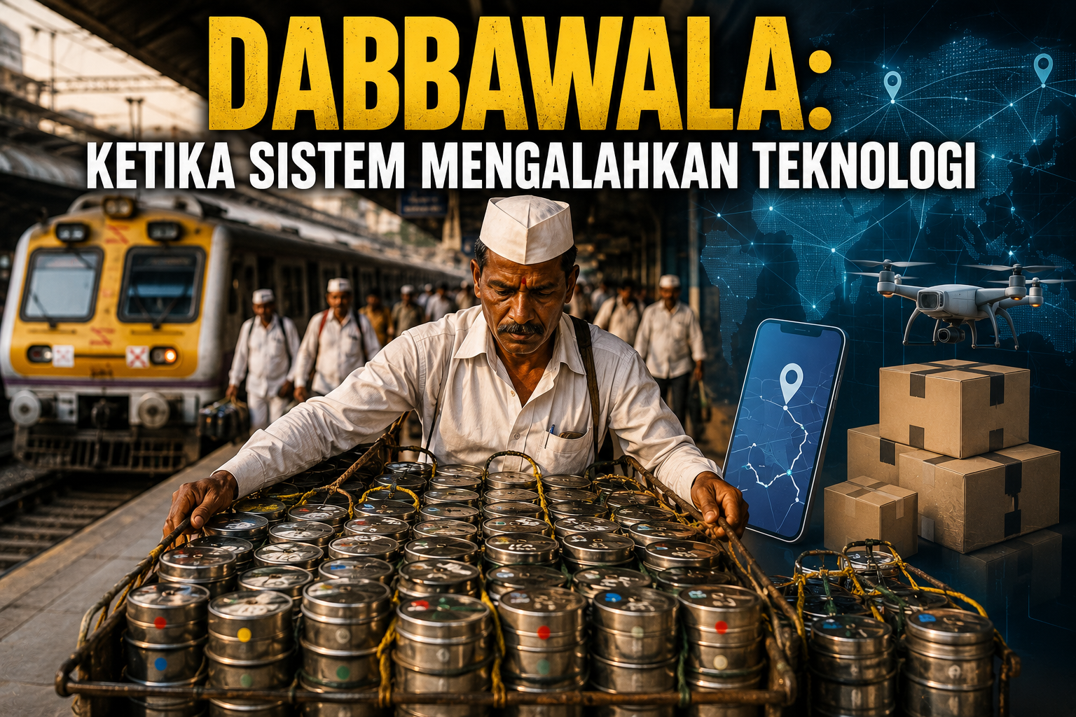Visual menampilkan sekelompok Dabbawala India mengenakan seragam putih dan peci Gandhi sambil membawa tumpukan rantang makan siang di stasiun kereta Mumbai. Di latar belakang terlihat kereta komuter, aktivitas distribusi, serta simbol alur logistik yang teratur. Ilustrasi ini merepresentasikan sistem distribusi makanan yang telah berjalan lebih dari satu abad dengan tingkat akurasi Six Sigma, menjadi studi kasus Harvard Business School, dan membuktikan bahwa keberhasilan operasional berasal dari sistem yang sederhana, disiplin, dan konsisten, bukan dari teknologi yang mahal.