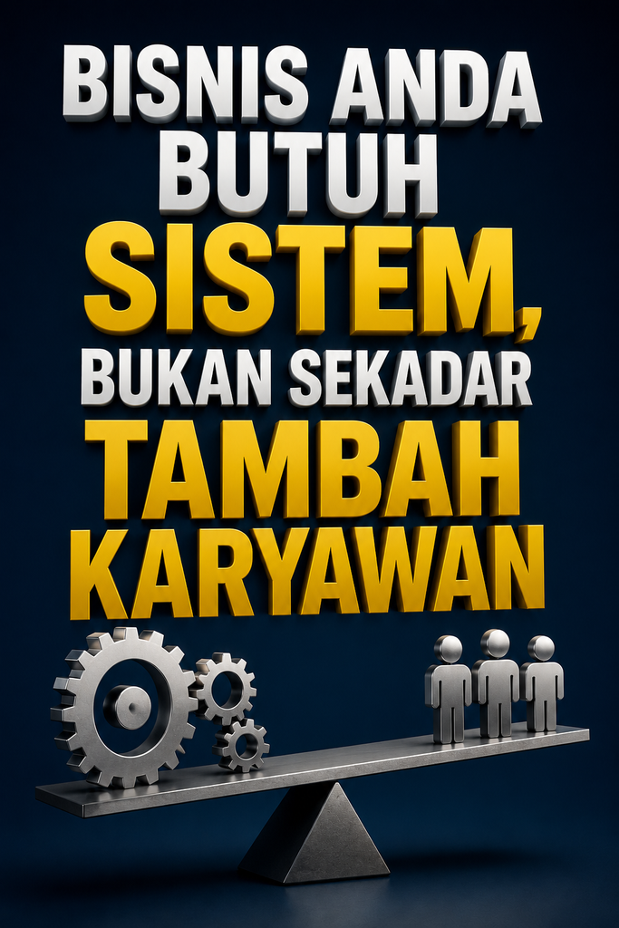 Poster bisnis profesional bertema sistem kerja yang menampilkan timbangan dengan roda gigi besar lebih berat daripada tiga figur manusia. Judul besar berbunyi "Bisnis Anda Butuh Sistem, Bukan Sekadar Tambah Karyawan" dengan nuansa korporat modern berwarna biru tua, putih, dan emas.