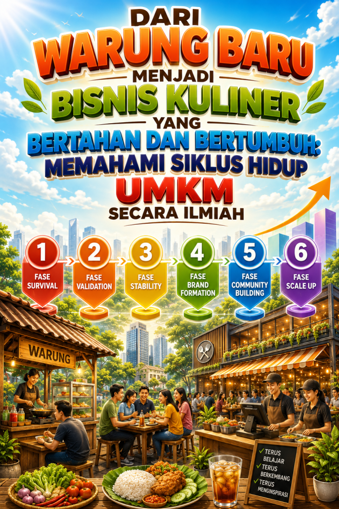 Infografis bisnis kuliner yang menjelaskan perjalanan UMKM dari warung baru hingga menjadi bisnis yang bertahan dan bertumbuh melalui enam fase perkembangan usaha secara ilmiah dengan desain modern dan latar cerah.