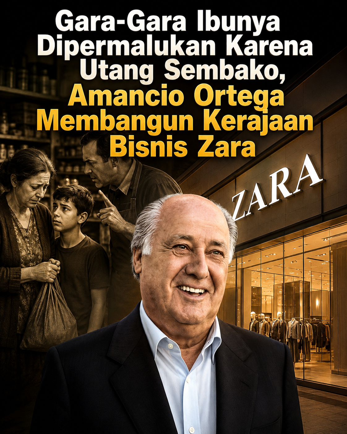 Ilustrasi sinematik perjalanan hidup Amancio Ortega, pendiri Zara, yang terinspirasi dari pengalaman masa kecil ketika ibunya dipermalukan karena utang sembako. Visual menampilkan sosok Ortega, suasana keluarga sederhana, dan toko Zara sebagai simbol perjuangan yang melahirkan kerajaan bisnis global.
