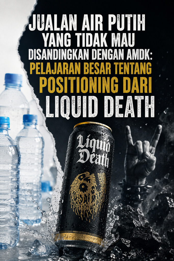 Ilustrasi visual vertikal bertema strategi positioning bisnis yang menampilkan konsep air putih premium seperti Liquid Death. Desain dramatis dan modern menggambarkan bagaimana sebuah merek air minum membangun kategori baru tanpa bersaing langsung dengan AMDK biasa melalui diferensiasi, identitas merek yang kuat, dan positioning yang unik.