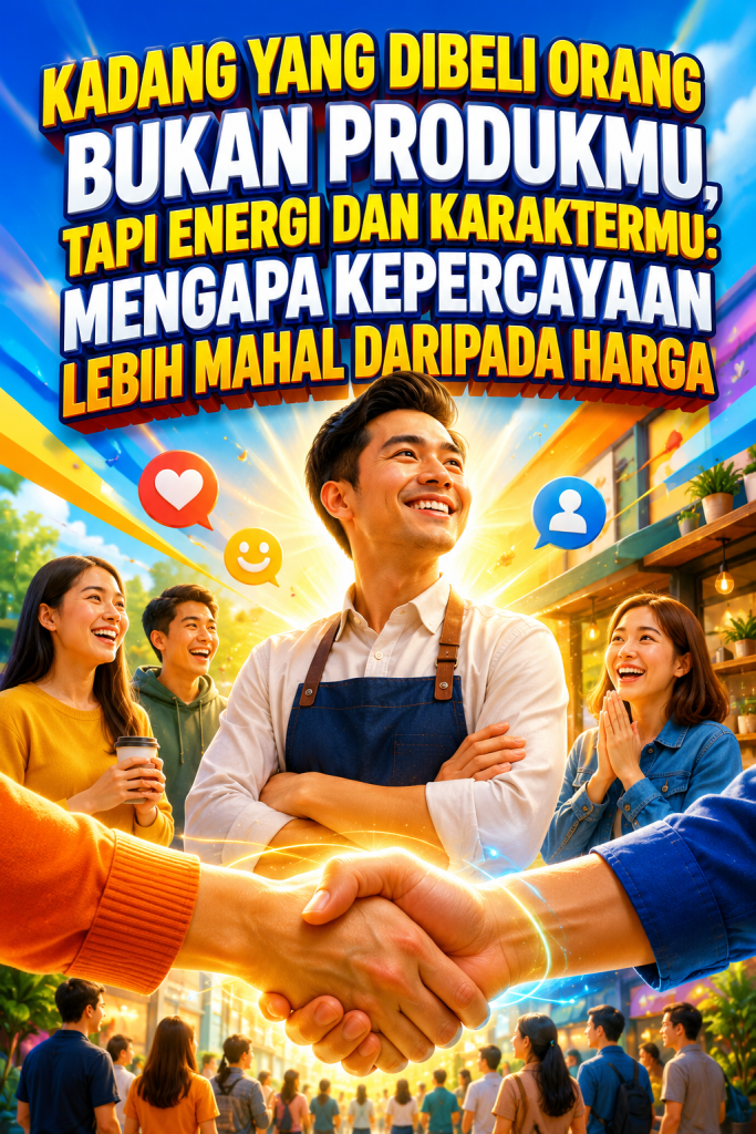 Ilustrasi seorang pemilik usaha yang tersenyum dengan latar pelanggan yang antusias dan berjabat tangan sebagai simbol kepercayaan. Visual ini menggambarkan bahwa dalam bisnis, pelanggan sering kali membeli energi, karakter, dan integritas pemilik usaha, bukan sekadar produk atau harga.