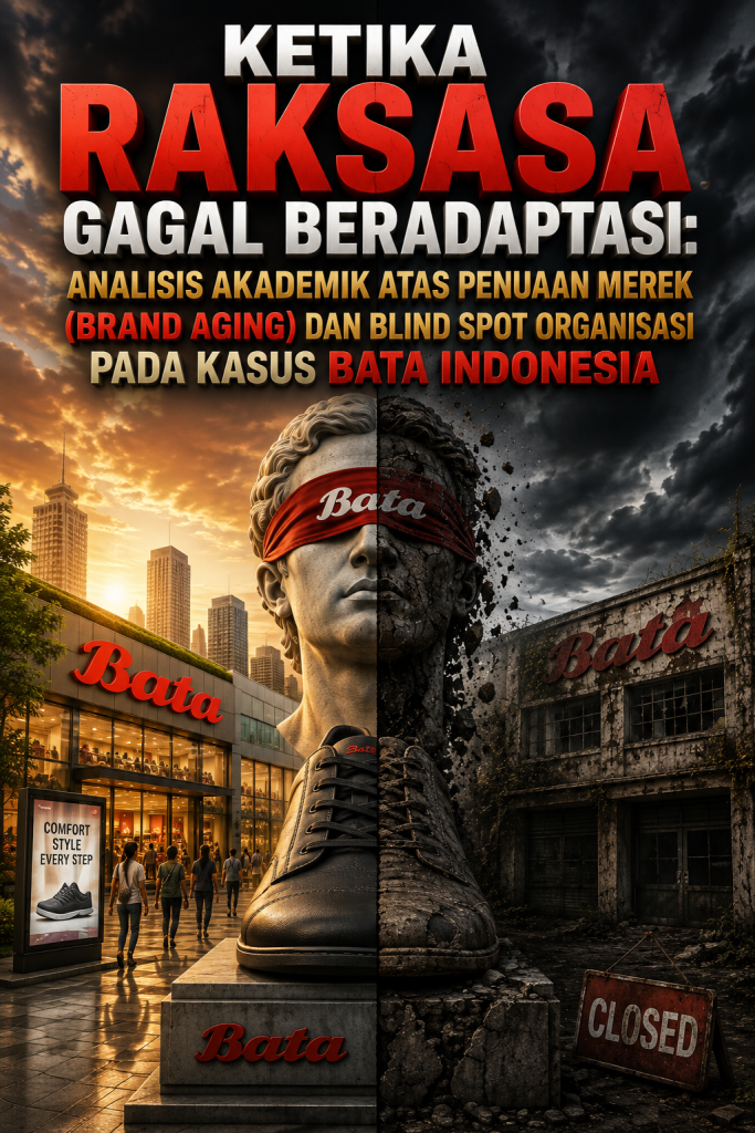 Poster akademik yang menggambarkan fenomena brand aging dan blind spot organisasi pada kasus Bata Indonesia. Visual menampilkan patung raksasa bermata tertutup yang retak dan hancur di tengah, dengan toko Bata modern di satu sisi dan bangunan Bata terbengkalai bertanda tutup di sisi lainnya. Judul utama membahas kegagalan adaptasi perusahaan besar terhadap perubahan pasar.