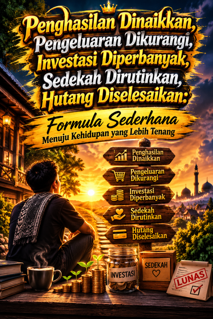 PENGHASILAN DINAIKKAN,
PENGELUARAN DIKURANGI,
INVESTASI DIPERBANYAK,
SEDEKAH DIRUTINKAN,
HUTANG DISELESAIKAN:
FORMULA SEDERHANA
MENUJU KEHIDUPAN
YANG LEBIH TENANG