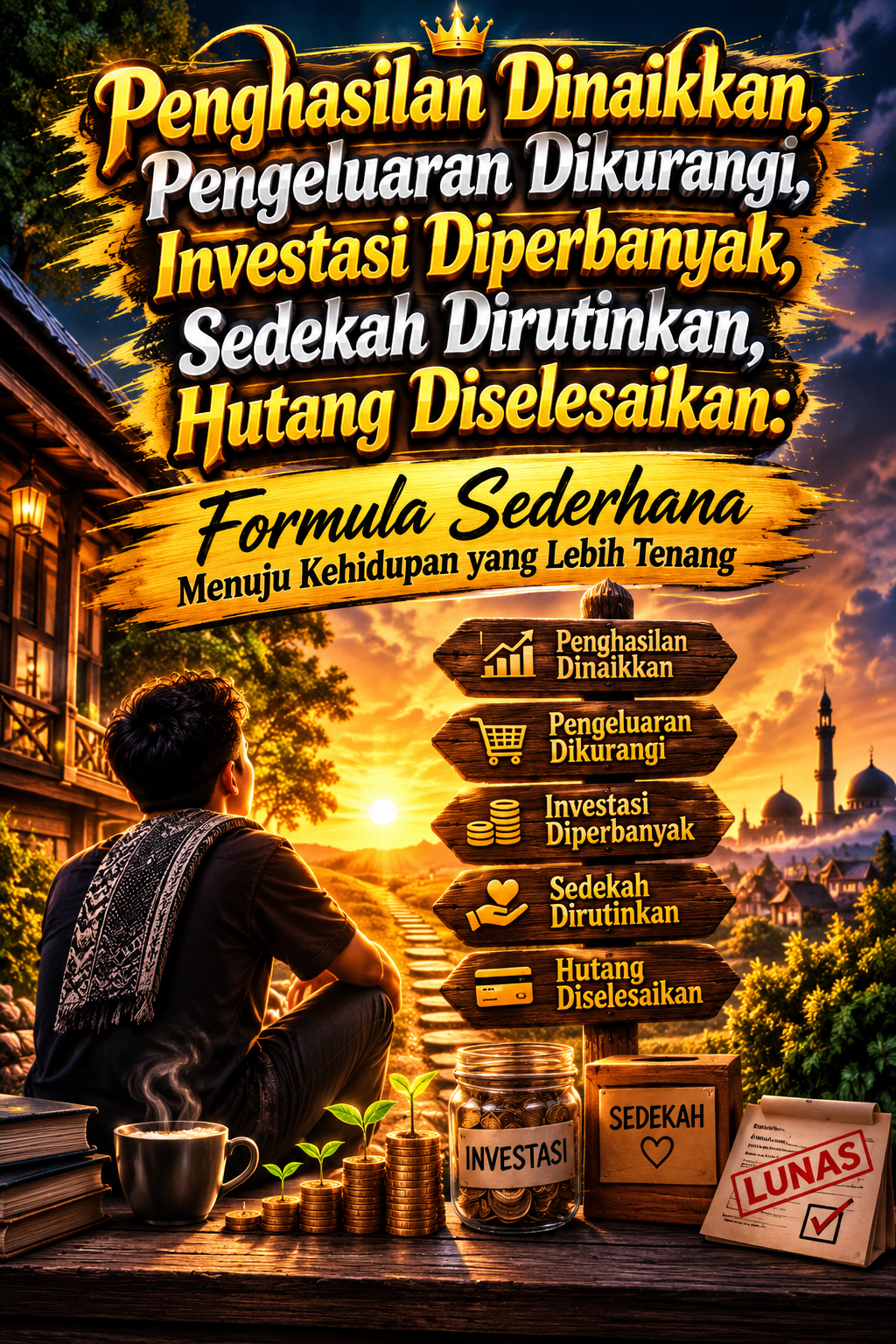 Ilustrasi motivasi finansial yang menggambarkan perjalanan dari kesulitan ekonomi menuju kehidupan yang lebih tenang melalui peningkatan penghasilan, pengurangan pengeluaran, memperbanyak investasi, rutin bersedekah, dan menyelesaikan hutang. Visual menampilkan kontras antara kemakmuran dan beban hutang dengan nuansa dramatis dan inspiratif.