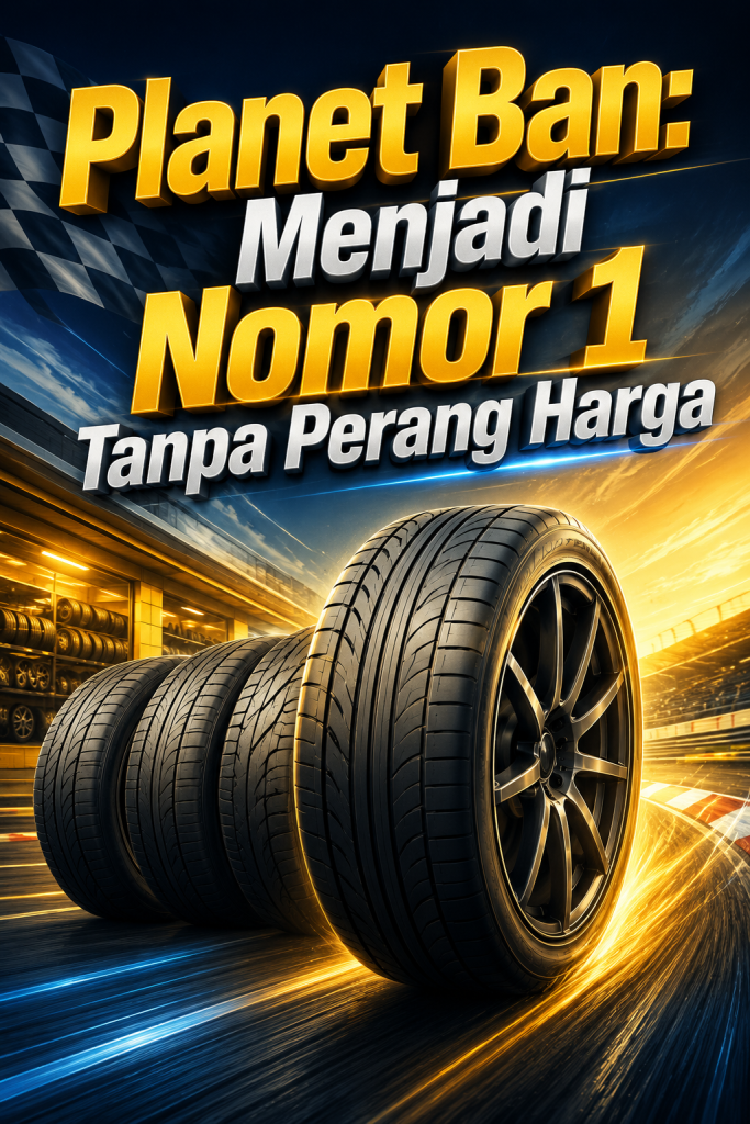 Poster bisnis bertema Planet Ban dengan ilustrasi ban mobil premium dan judul besar “Planet Ban: Menjadi Nomor 1 Tanpa Perang Harga” yang menyoroti strategi memenangkan pasar melalui positioning dan diferensiasi, bukan perang harga.
