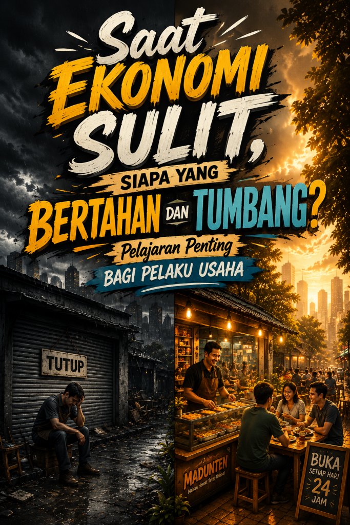 Poster ilustrasi bisnis vertikal yang menampilkan kontras antara usaha yang tutup saat krisis ekonomi dan usaha kuliner yang tetap ramai pelanggan. Judul besar berbunyi “Saat Ekonomi Sulit, Siapa yang Bertahan dan Tumbang? Pelajaran Penting bagi Pelaku Usaha”.
