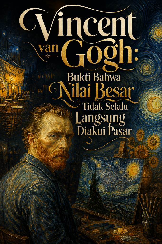 Poster vertikal artistik bergaya elegan menampilkan ilustrasi Vincent van Gogh dengan nuansa lukisan klasik berwarna biru dan emas. Judul besar “Vincent van Gogh: Bukti Bahwa Nilai Besar Tidak Selalu Langsung Diakui Pasar” ditampilkan dengan tipografi unik dan premium.