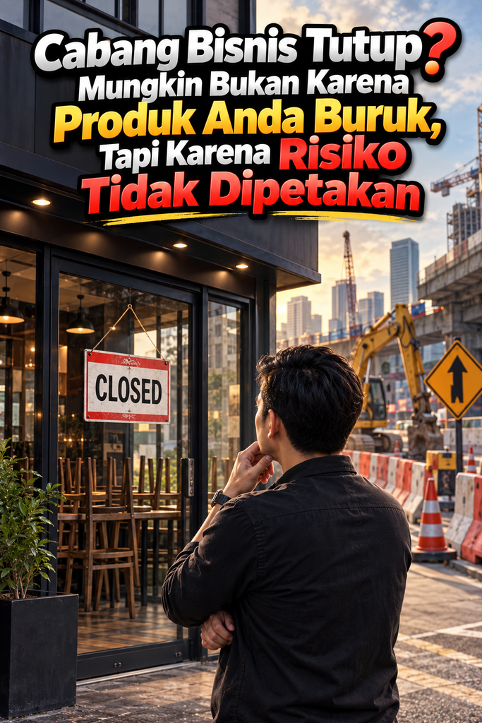 Ilustrasi bisnis profesional menampilkan sebuah outlet atau cabang usaha yang terlihat sepi dengan suasana dramatis. Visual menggambarkan tantangan bisnis akibat perubahan kondisi eksternal dan pentingnya manajemen risiko dalam mempertahankan keberlangsungan usaha.