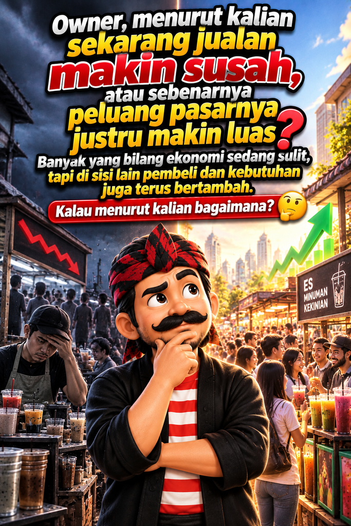 Ilustrasi pemilik usaha kuliner yang sedang berpikir di tengah persaingan bisnis minuman yang semakin ramai. Visual membandingkan tantangan ekonomi dengan peluang pasar yang terus berkembang, disertai pertanyaan apakah bisnis kini semakin sulit atau justru peluangnya semakin luas.