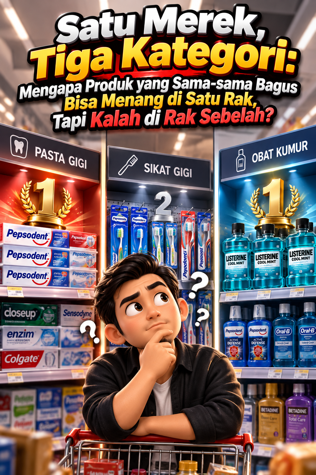 Ilustrasi bisnis dan branding tentang satu merek yang bermain di tiga kategori berbeda. Visual menampilkan rak supermarket pasta gigi, sikat gigi, dan obat kumur dengan pemenang kategori yang berbeda, menggambarkan pentingnya positioning dan persepsi konsumen dalam menentukan dominasi merek di setiap kategori pasar.