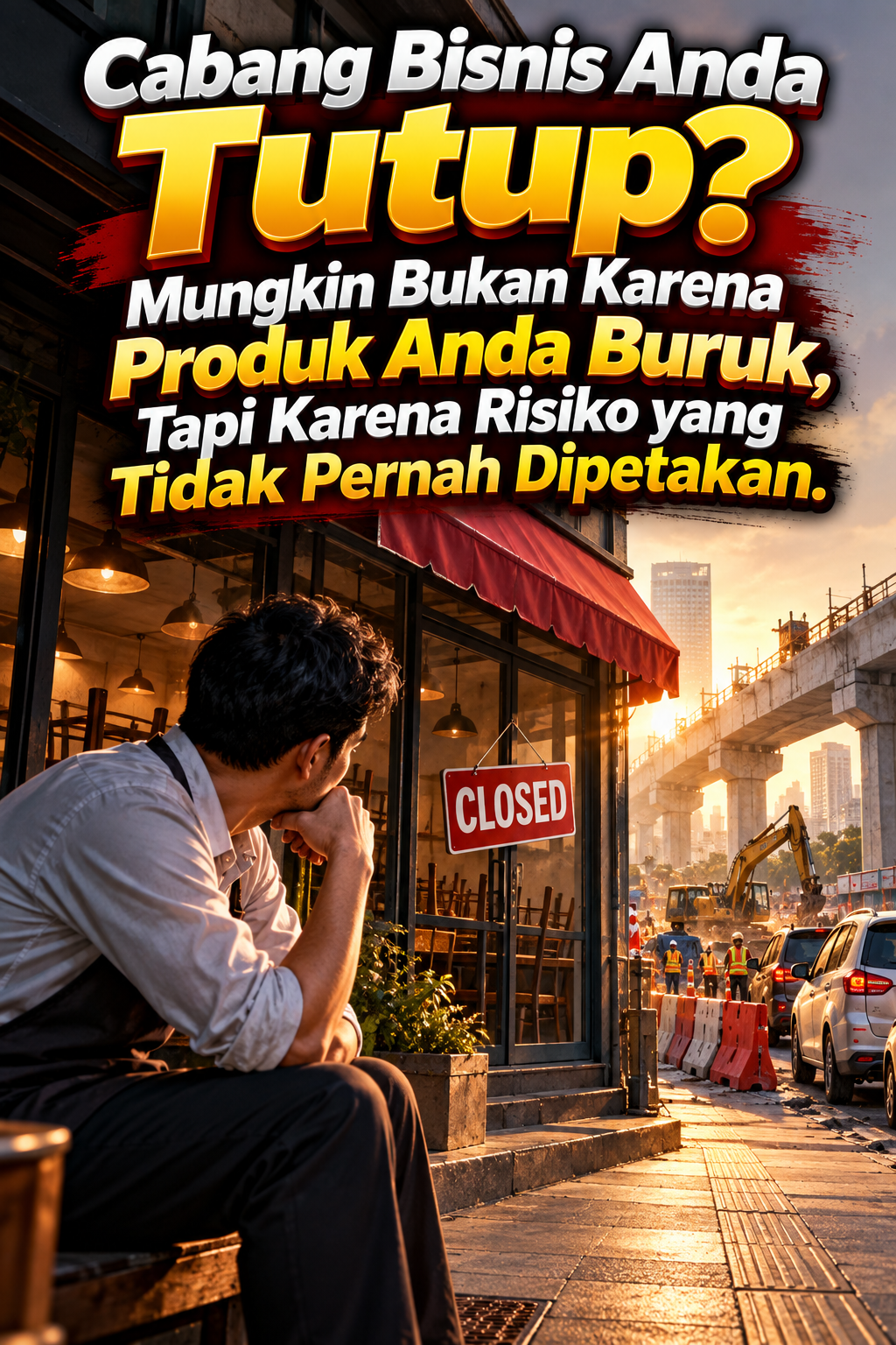 Cabang bisnis tutup bukan karena produk buruk, tetapi karena risiko bisnis yang tidak dipetakan. Ilustrasi manajemen risiko, perubahan lokasi usaha, dan strategi ketahanan bisnis jangka panjang.